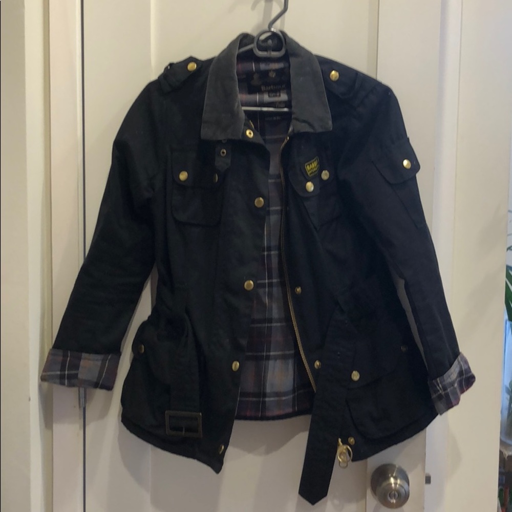 barbour international black wax jacket with belt